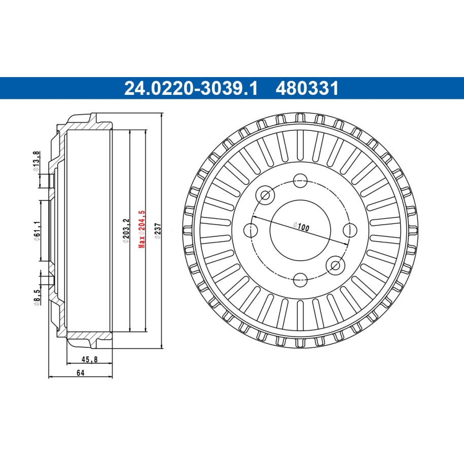 Brake Drum ATE 24022030391 for DACIA RENAULT  SMART