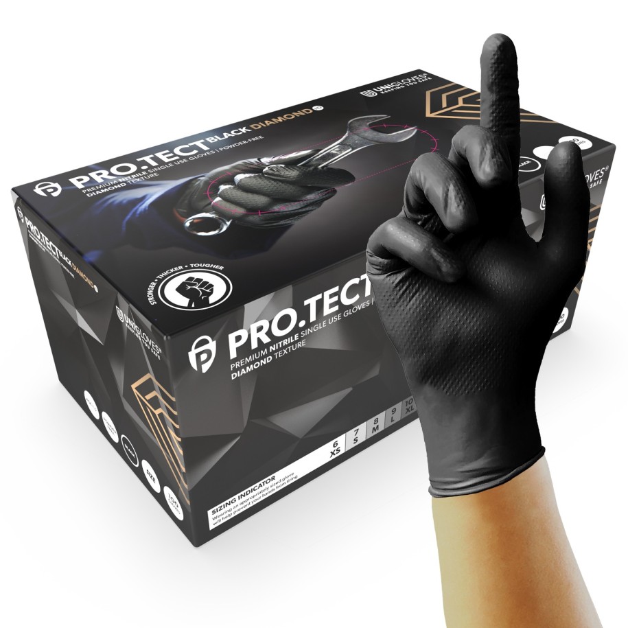 Unicare Black Heavy Duty Diamond Grip Nitrile Gloves - Extra Large