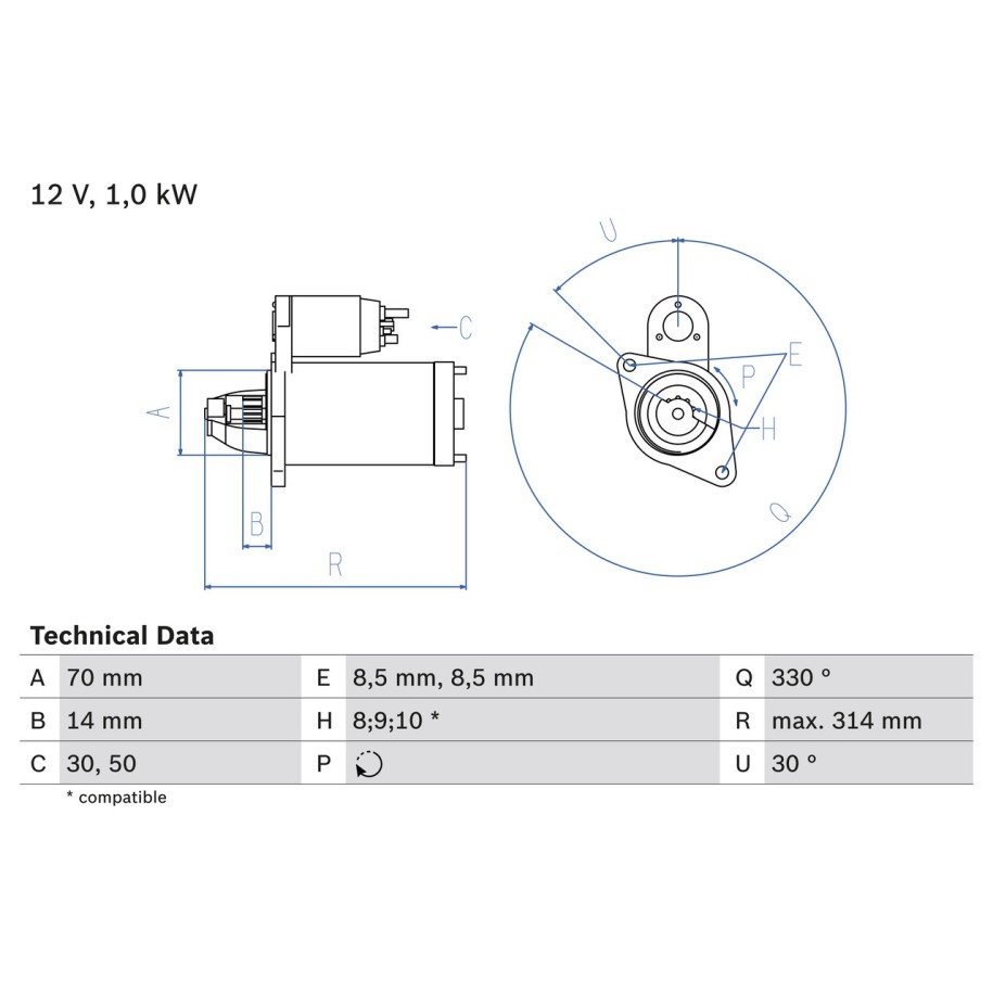 Starter Motor BOSCH 0986018570 for MERCEDES A-CLASS