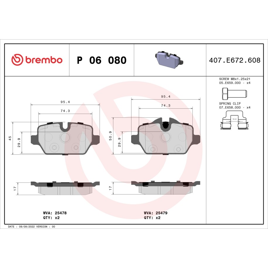 Brake Pad Set BREMBO P06080 for MINI MINI